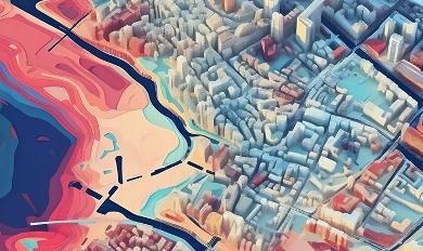 GIS 3D model map of city and flooding areas